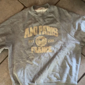 Grå sweatshirt från AMI Paris - Snygg grå sweatshirt från AMI Paris med tryck i beige på bröstet och broderad logga på ryggen. Klassisk rund halsringning och långa ärmar. Perfekt för dig som gillar streetwear och vill ha en stilren look.