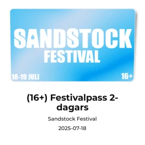 Festivalpass 2-dagars Sandstock Festival - Tvådagarspass till Sandstock Festival 18-19 juli 2025. Inkluderar entré till festivalområdet fredag och lördag samt armband för 16+. Plats: Mellbystrand. Passar dig som är född 2009 eller tidigare. Pris går att diskutera!