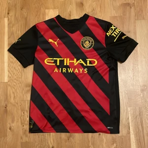 Manchester City matchtröja Haaland #9 - Säljer en Manchester City fotbollströja från Puma med Haaland och nummer 9 på ryggen. Tröjan är svart med röda diagonala ränder och gula detaljer, samt kortärmad modell. Officiell sponsorlogga och klubbmärke på bröstet. Jag säljer trojan för att den inte passar mig längre. Skriv om mer frågor 