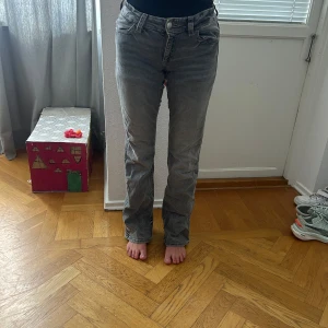 Grå raka jeans - Säljer ett par grå jeans med raka ben och snygga fickdetaljer bak. Använd 2 gånger och är justerbara i midjan. Bilden är tagen på min mamma som är 158 men även jag som är 166 passar dem (storlek 170 men passar som xs-S) från Gina Young 