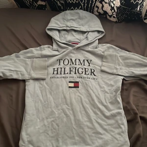 Ljusblå hoodie från Tommy Hilfiger - Snygg ljusblå hoodie från Tommy Hilfiger med stor logga och flagga framtill. Tröjan har huva, långa ärmar och breda muddar. Perfekt för en chill och stilren look. Passar dig som gillar klassiska streetwear-vibbar.