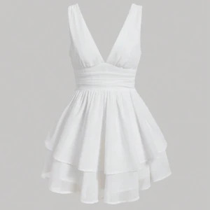 Vit kortklänning med volanger - Säljer en söt vit kortklänning med volanger och v-ringad design. Perfekt för studenten/ eller en fin sommardag. Klänningen har en omlott-look och är ärmlös för en luftig känsla. Den är helt ny och säljer den pga att jag inte kunde lämna tillbaka den.