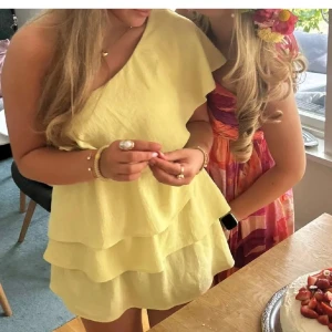 Gul volangklänning med oneshoulder -  INTRESSEKOLL ‼️‼️Superfin ljusgul kortklänning med flera volanger och oneshoulder-design. Klänningen har en luftig och somrig känsla, perfekt för varma dagar. Materialet känns lätt och bekvämt, och den asymmetriska axeln ger en trendig touch.