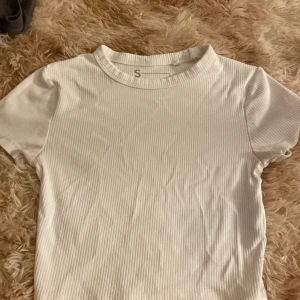 Vit ribbad topp från FSBN Sister - En stilren vit ribbad topp från FSBN Sister i storlek S. T-shirten har korta ärmar, rund halsringning och en smal ribbad struktur som ger en snygg och enkel look. Perfekt att matcha med jeans eller kjol för en clean vibe.