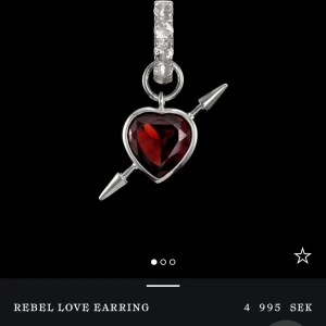 Maria Nilsdotter Rebel Love örhänge - Unikt örhänge i äkta silver från Maria Nilsdotter🤍Hängsmycket är format som ett hjärta med en pil genom, dekorerat med en mörkröd sten och gnistrande stenar på ringen. Används inte längre och vill sälja vidare till någon som skulle uppskatta mer🥰Nypris 4 995kr