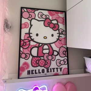 Hello Kitty poster - Snygg Hello Kitty-poster med färgglada rosa rosetter. Säljer pga att jag råkade köpa 2st likadana så poster är i helt ny skick! Måtten är 50 x 70cm!!! Går att ha i tavla men även för sig själv!💗💗💗