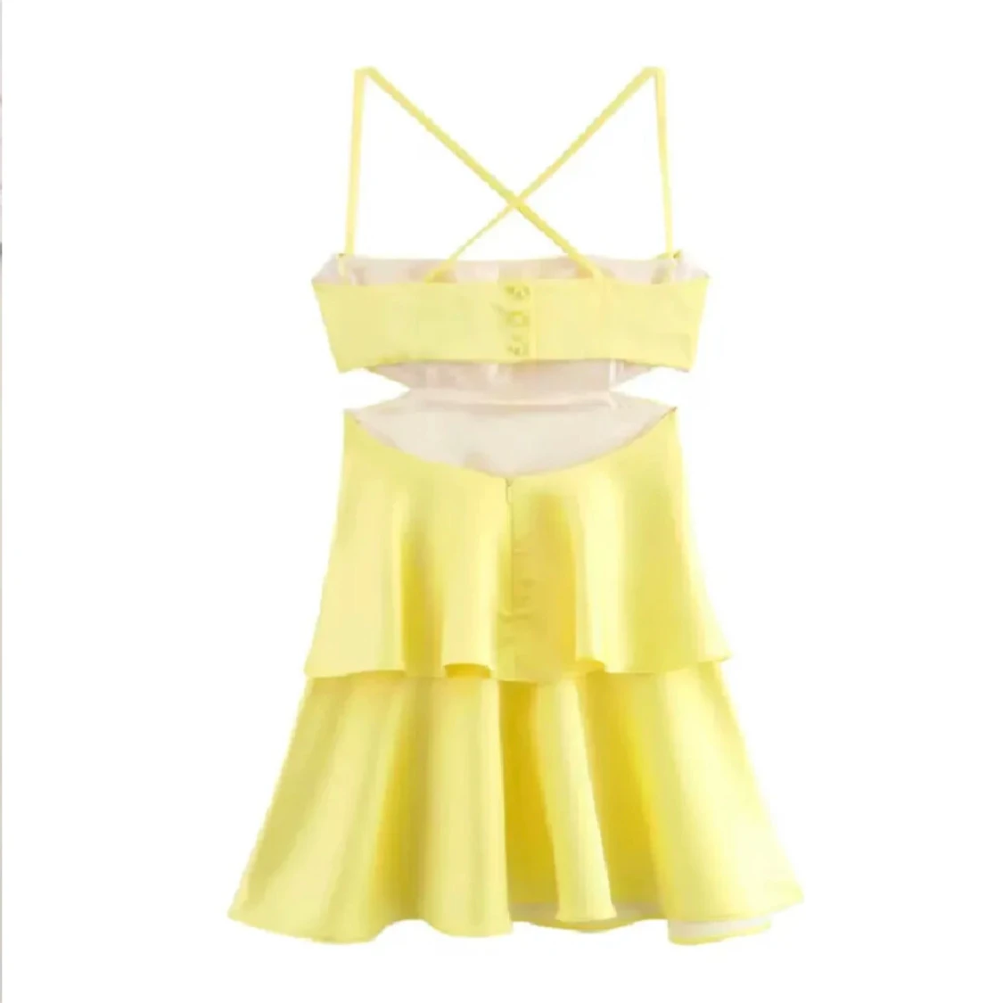 Gul omlott kortklänning med volang - 2