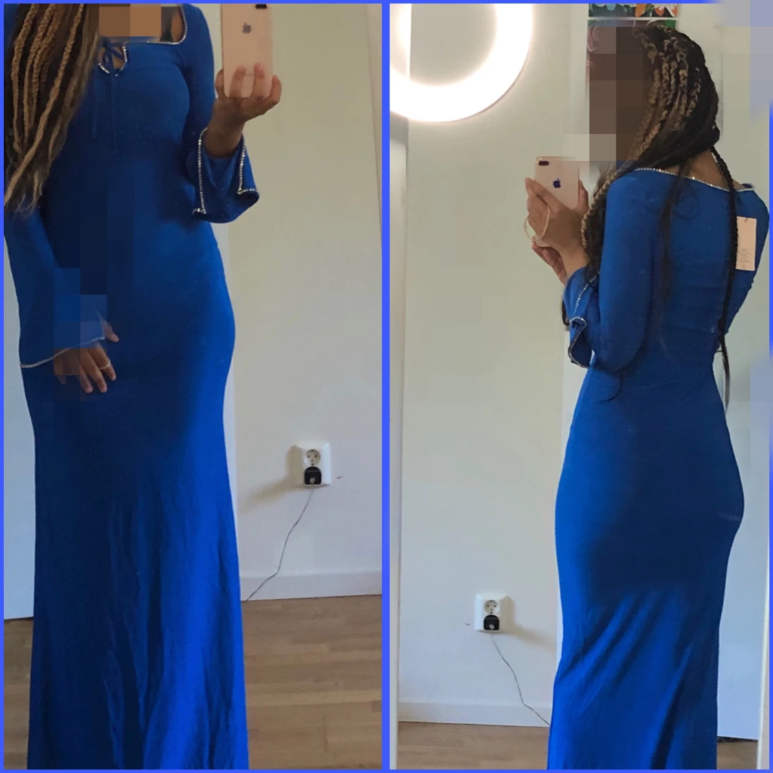 Blå långklänning med trumpetärmar