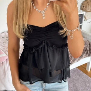 Svart volang tubtopp - Säljer en svart tubtopp med flera lager volanger och rynkdetalj framtill. Toppen är axelbandslös och har en luftig, flowy känsla. Perfekt att styla med jeans eller kjol för en trendig look. ⊹ jag är 173cm & stl S/36/28 för referens ⊹ läs POLICY (i gillade inlägg) innan köp ⊹ använd gärna ”Köp” ⊹ 