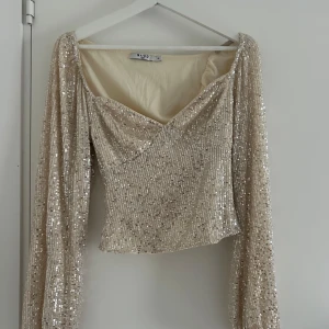Glittrig topp från NA-KD - Säljer en glittrig, ljusbeige topp från NA-KD med långa ärmar och djup v-ringning. Toppen har en figurnära passform och är täckt av paljetter som ger ett festligt intryck. Perfekt för dig som vill sticka ut!