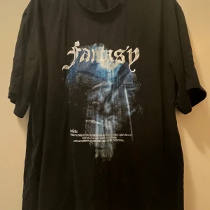 Svart Fantasy t-shirt från Romwe - Cool svart t-shirt från Romwe i storlek L med trycket 'Fantasy' i vit gotisk stil och ett blått konstnärligt motiv på framsidan. T-shirten har rund hals och korta ärmar, perfekt för dig som gillar edgy streetwear och grafiska prints.