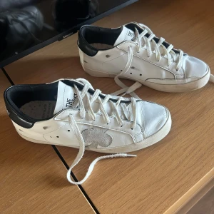 Vita sneakers från the gallerist - Snygga vita sneakers från The gallerist med svart häl och klöver på sidan. Skorna har rund tå, platt sula och klassisk snörning. Dem är i skinn. Skriv gärna om du har fler frågor