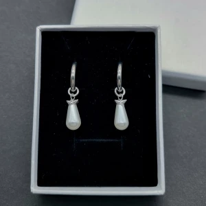 Silvriga örhängen med pärldroppar - Snygga silvriga örhängen med rund ring och hängande droppformad vit pärla. Rostfritt stål. 