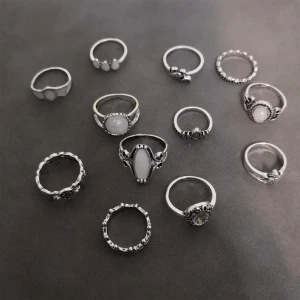 Set med 12 silverfärgade ringar - Säljer ett set med 12 snygga ringar i silverfärg med olika former och mönster.  Perfekt för dig som gillar att mixa och matcha flera ringar samtidigt för en cool look. Materialet är zinc alloy. (301)