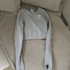 Grå croppad tröja från Gymshark - Säljer en grå croppad tröja från Gymshark. Tröjan har långa ärmar med tumhål och ett diskret mönster. Perfekt för träning eller en avslappnad dag. 🩶