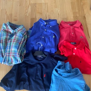 Blandade skjortor och pikétröjor från Ralph Lauren och Lacoste - Flera skjortor och pikétröjor i olika färger från Ralph Lauren och Lacoste. Inkluderar rutig skjorta, blå skjorta, röda och svarta pikétröjor samt en blå t-shirt. Klassiska loggor broderade på bröstet och knappar framtill. Allt för 999kr eller 300kr/st. Allt är mellan M-Xl