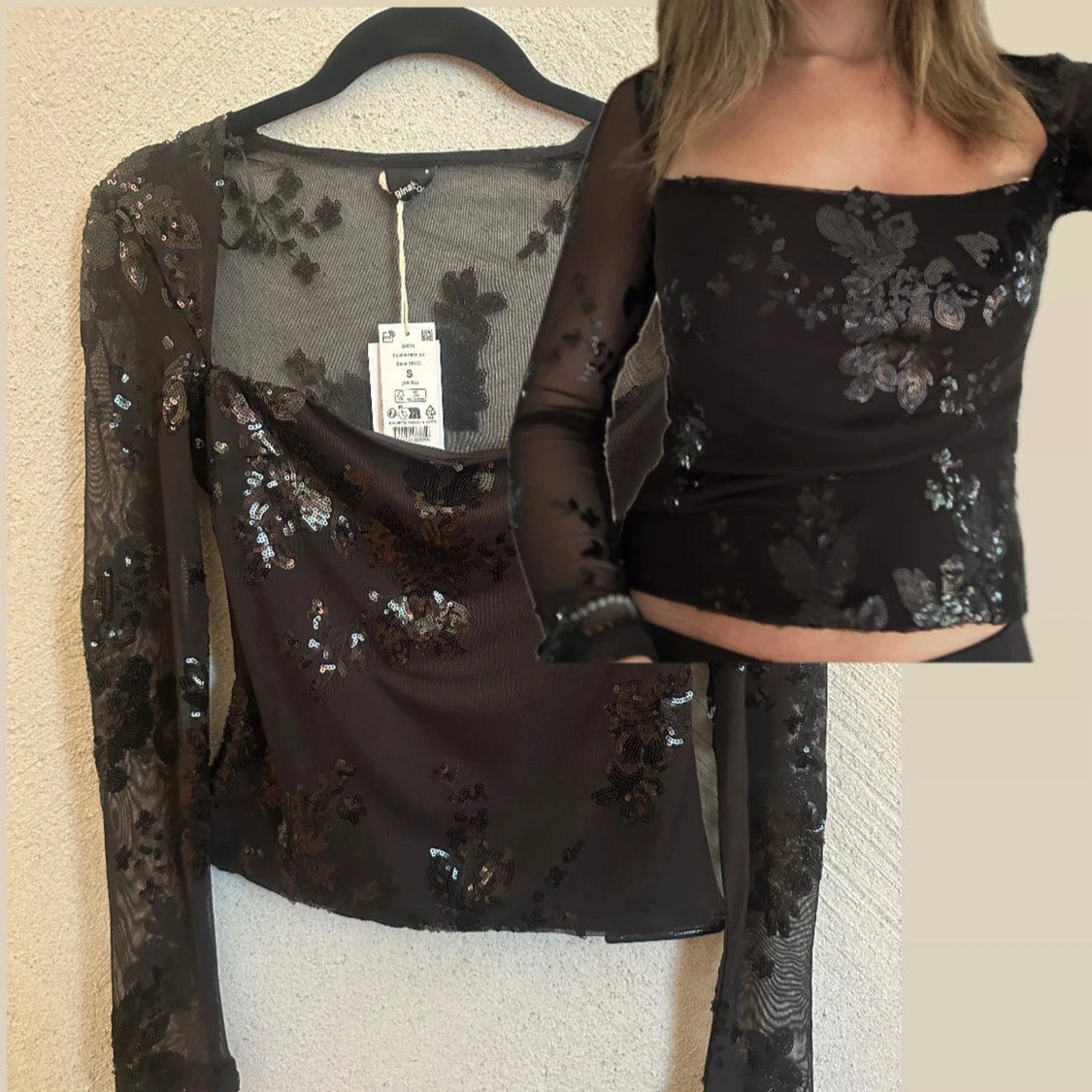 Svart mesh topp med paljetter och blommönster - 1