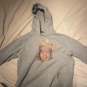 Grå hoodie med tryck - Säljer en grå hoodie med ett färgglatt tryck av ett ansikte med krona på framsidan. Tröjan har en klassisk huva och långa ärmar. Perfekt för en avslappnad stil. Har dock en fläck på vänster arm 