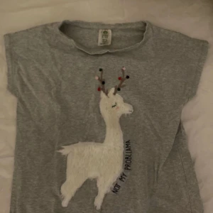 Grå t-shirt med lama-motiv - Säljer en grå t-shirt med ett gulligt lama-motiv och texten 'Not my probllama'. T-shirten har korta ärmar och är perfekt som pyjamas. 🦙