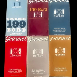 Gourmet 199 Bord - Sveriges bästa restauranger - Samling av tidningar  från Gourmet som listar Sveriges bästa restauranger under åren 1997 till 2002. Varje tidning innehåller detaljerade recensioner och poängsättning av 199 utvalda restauranger. Perfekt för matentusiaster som vill utforska svensk gastronomi genom åren.
