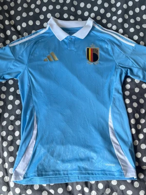 Belgien ljusblå fotbollströja Adidas - Snygg ljusblå fotbollströja från Adidas med Belgien-emblem på bröstet och vita detaljer längs sidorna och axlarna. Tröjan har korta ärmar, vit krage och guldiga Adidas-loggan. Perfekt för match eller träning.