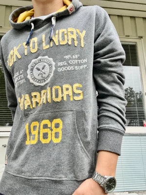 Sällsynt Vintage Tokyo Laundry Hoodie M - En riktigt snygg hoodie från märket Tokyo Laundry i Vintage och Archive stil🤩. Denna modellen är extremt sällsynt nu förtiden har några av de snyggaste slitningarna jag sett🙌 Perfekt nu till hösten🍁 Ett smått lagat hål vid hoodiefickan, syns knappt🙌 Stl M. Längd från axel: 64cm.  Först till kvarn🤩