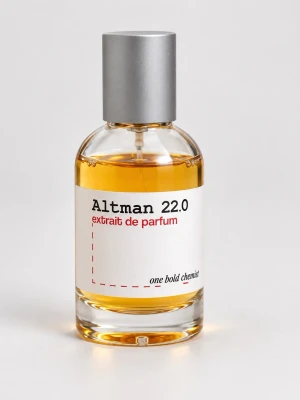 Altman 22.0 och Paragon 100 parfym - Två stilrena parfymflaskor från one bold chemist: Altman 22.0 med bärnstensfärgad vätska och Paragon 100 med ljusgul vätska. Flaskorna är runda i klart glas med minimalistisk vit etikett och silverfärgat lock. Modern och enkel design som passar perfekt i badrumshyllan.