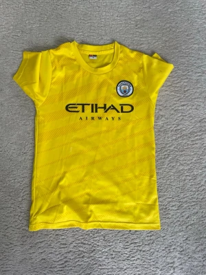Gul Manchester City matchtröja - Snygg gul Manchester City matchtröja med klubbmärke på bröstet och Etihad Airways-tryck framtill. Nummer 9 på ryggen. Tillverkad i lätt och ventilerande material, perfekt för fotbollsträning eller match.