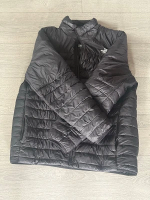 Svart pufferjacka från The North Face - Säljer en svart pufferjacka från The North Face med diskret logga på bröstet och ryggen. Jackan har hög krage, dragkedja framtill och två sidofickor. Quiltad design och lätt vaddering gör den perfekt för kalla dagar. Materialet är syntetiskt och jackan är riktigt lätt.