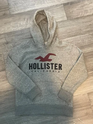Grå Hollister hoodie med logga - Snygg grå hoodie från Hollister med stor logga och röd fågel på bröstet. Klassisk känguruficka framtill och mjuk insida. Perfekt för dig som gillar en avslappnad och trendig stil. Tillverkad i mjukt material för extra komfort.
