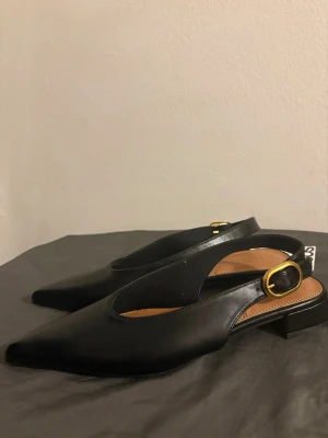 Svarta skor med rem och spänne - Säljer ett par svarta ballerinaskor i skinn med spetsig tå och låg klack. Skorna har en elegant rem med guldfärgat spänne runt hälen. Perfekta för dig som gillar stilrena och klassiska skor med en modern twist.