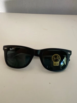 Svarta Ray-Ban Wayfarer solglasögon - Klassiska svarta Ray-Ban Wayfarer solglasögon med mörka glas och ikonisk form. Snygg och tidlös design med Ray-Ban-logga på linsen och bågen. Perfekta för att höja din stil under soliga dagar.