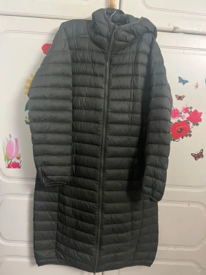 Lång svart dunjacka med huva - Säljer en lång svart dunjacka med huva och dragkedja framtill. Jackan har quiltad design med horisontella sömmar och två sidofickor. Perfekt för kalla vinterdagar och riktigt skön att bära.