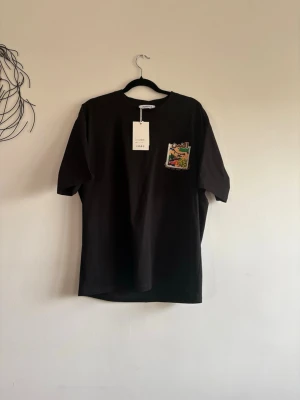 Svart t-shirt med färgglatt tryck - Säljer en svart t-shirt med färgglatt tryck på bröstfickan och en stor grafisk illustration på ryggen med fruktmotiv och text. T-shirten har rund hals och korta ärmar, perfekt för dig som gillar unika prints och streetwear vibes.(kan gå ner lite i pris)