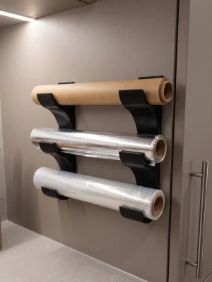 Väggmonterad hållare för rullar - Snygg och praktisk väggmonterad hållare för hushållsrullar som plastfolie, aluminiumfolie och bakplåtspapper. Hållaren är svart och har plats för tre rullar, perfekt för att hålla ordning i köket. Monteras enkelt på väggen eller insidan av ett skåp.