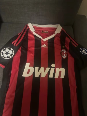 AC Milan Ronaldinho matchtröja - Säljer en klassisk AC Milan matchtröja från Adidas med Ronaldinho och nummer 80 på ryggen. Tröjan är röd och svart med vita detaljer, Champions League-patchar på ärmarna och Bwin som sponsor på bröstet. Perfekt för dig som älskar fotboll och samlartröjor.