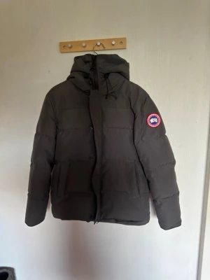 Canada goose jacka  - Säljer en mörkgrå dunjacka från Canada Goose med huva och klassisk logotyp på ärmen. Jackan har stora fickor framtill, dragkedja och knappar samt justerbar dragsko vid huvan. Perfekt för kalla vinterdagar, fäller lite päls från jackan 