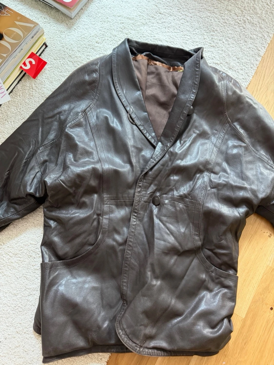 Mörkbrun oversized skinnjacka - 3