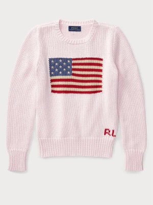 Ljusrosa stickad tröja Polo Ralph Lauren - Ljusrosa stickad tröja från Polo Ralph Lauren med amerikansk flagga framtill och röda initialer 'RL' vid nederkanten. Tröjan har rund halsringning, långa ärmar och ribbstickade muddar. Barnstolek - L ( 12/14år ) 💓 bild vid förfrågan!