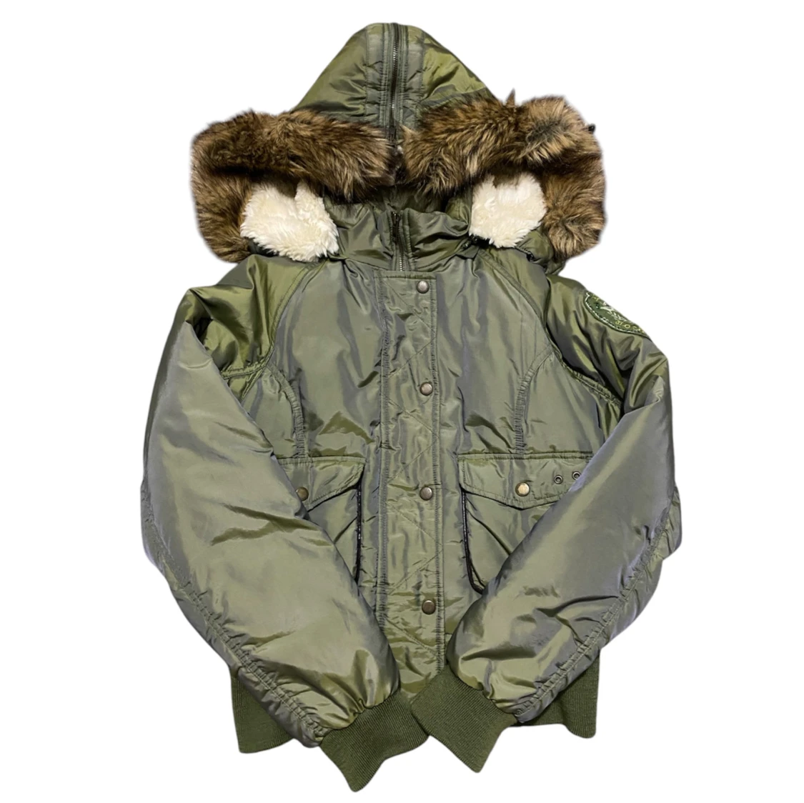 Grön 2000s pufferjacka med pälsdetaljer💛