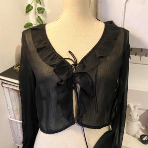 Svart transparent blus med volangdetaljer - Snygg svart blus i transparent material med volangdetaljer längs halsringningen. Den har långa ärmar och knytning framtill, vilket ger en elegant touch. Perfekt för en kväll ute eller en festlig tillställning.