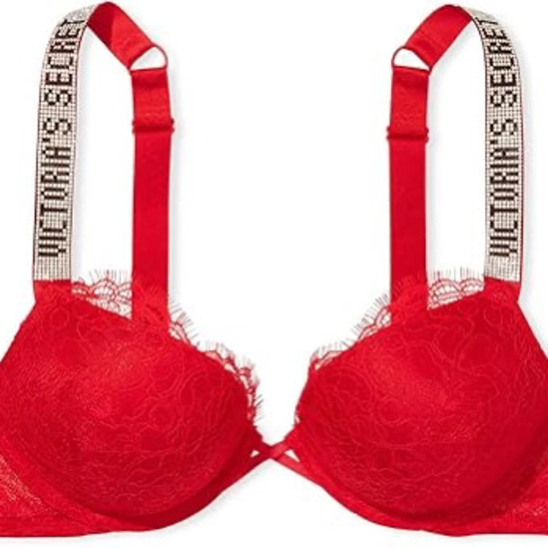Röd spets-bh med strassdetaljer. Aldrig använd