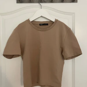 Beige kortärmad topp från Zara - Säljer en basic beige/brun kortärmad topp från Zara. Perfekt för en enkel look. Toppen har en rund halsringning och är tillverkad i ett mjukt material.