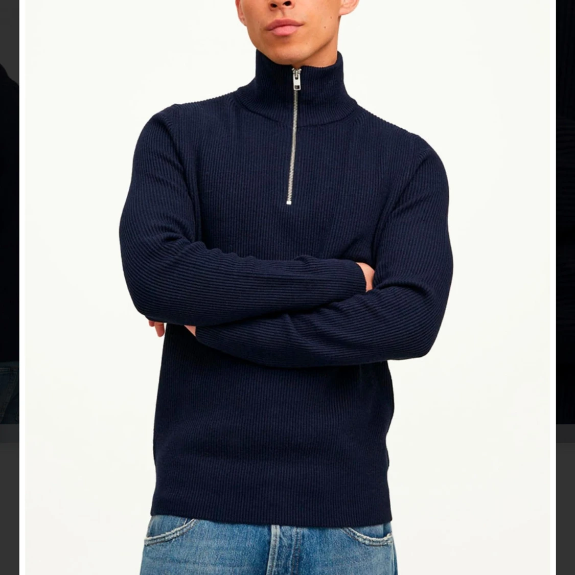 Mörkblå ribbad tröja med dragkedja - 90