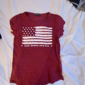 Vinröd t-shirt från FB Sister - Säljer en vinröd t-shirt från FB Sister med ett tryck av en flagga och texten 'make dreams come true'. T-shirten har korta ärmar och är gjord i bomull. Perfekt för en avslappnad stil.