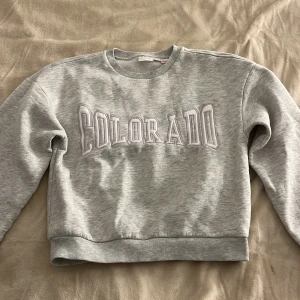 Grå tröja från Gina Tricot - Säljer en grå tjocktröja från Gina Tricot med texten 'Colorado' i vitt på framsidan. Tröjan har en rund halsringning och ribbade muddar vid ärmslut och nederkant. 