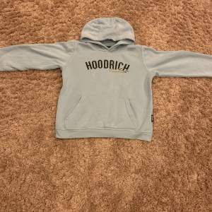 Säljer en snygg ljusblå hoodie från Hoodrich i storlek L för 12-13 år. Den har en stor ficka fram och texten 'HOODRICH' tryckt i svart på bröstet. Perfekt för en avslappnad stil och passar bra till både höst och vår. 🌀