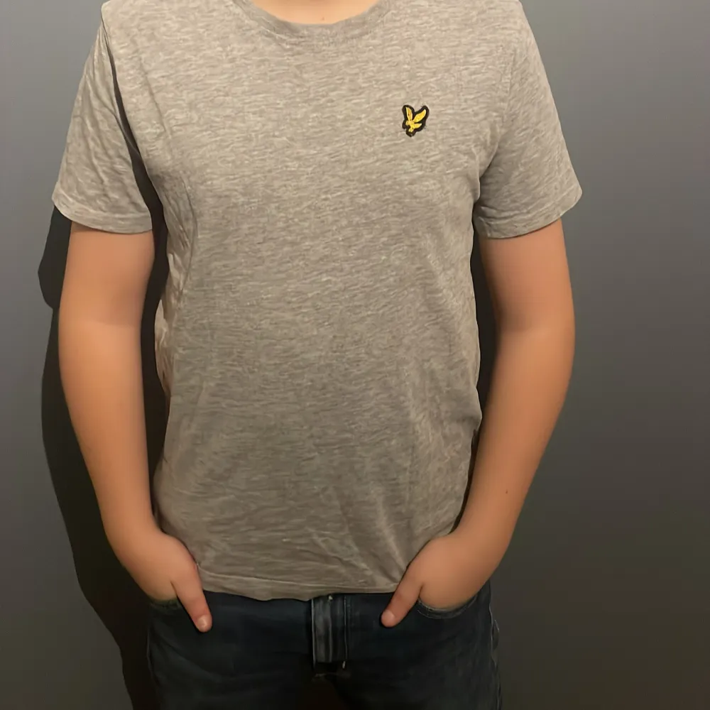 Säljer en stilren grå t-shirt från Lyle & Scott i mycket bra skick. Den har en broderad gul logga på bröstet och är kortärmad. Perfekt för vardagsbruk eller en avslappnad dag ute. Passar bra till jeans eller shorts! PRISET ÄR EJ SKRIVET I STEN!!!. T-shirts.