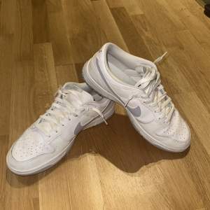 Säljer ett par vita Nike sneakers i bra skick. De har en klassisk design med snörning och en ljusgrå swoosh på sidan. Perfekta för vardagsbruk och passar till de flesta outfits. Skorna är bekväma och har en normal passform.