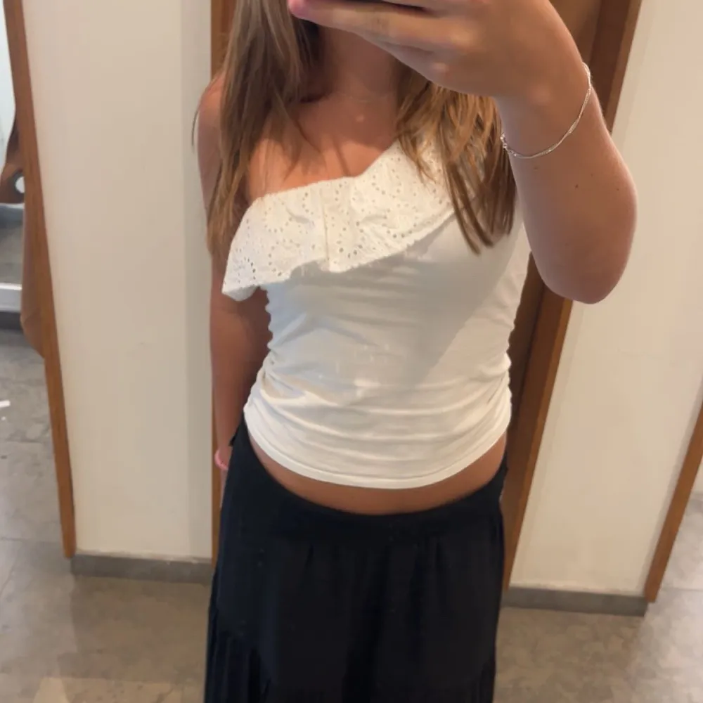 Säljer en superfin vit offshoulder topp med spetsdetaljer. Den är perfekt för sommardagar och har en tight passform. Den har volang som går runt hela. Kontakta mig vid frågor eller om du vill ha fler bilder💗. Toppar.